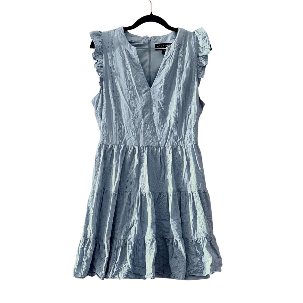 Laundry by Shelli Segal Dress 8 Mini Coastal Blue Eyelet Ruffle Tiered Bpheme